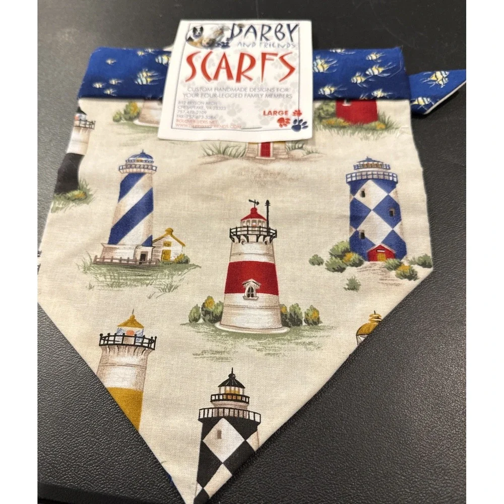 Hand Crafted Dog‎ Bandana Scarf Lighthouse Large Double Sided Scarf NEW Nautical